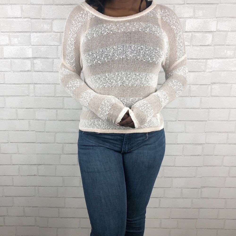 Kirra Striped Long Sleeve‎ Scoop Neck Sheer Metallic Open Knit Sweater Size S/M